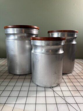 Vintage Atapco MCM Aluminum & Siam Teak Nesting Kitchen Canister Set 3pc